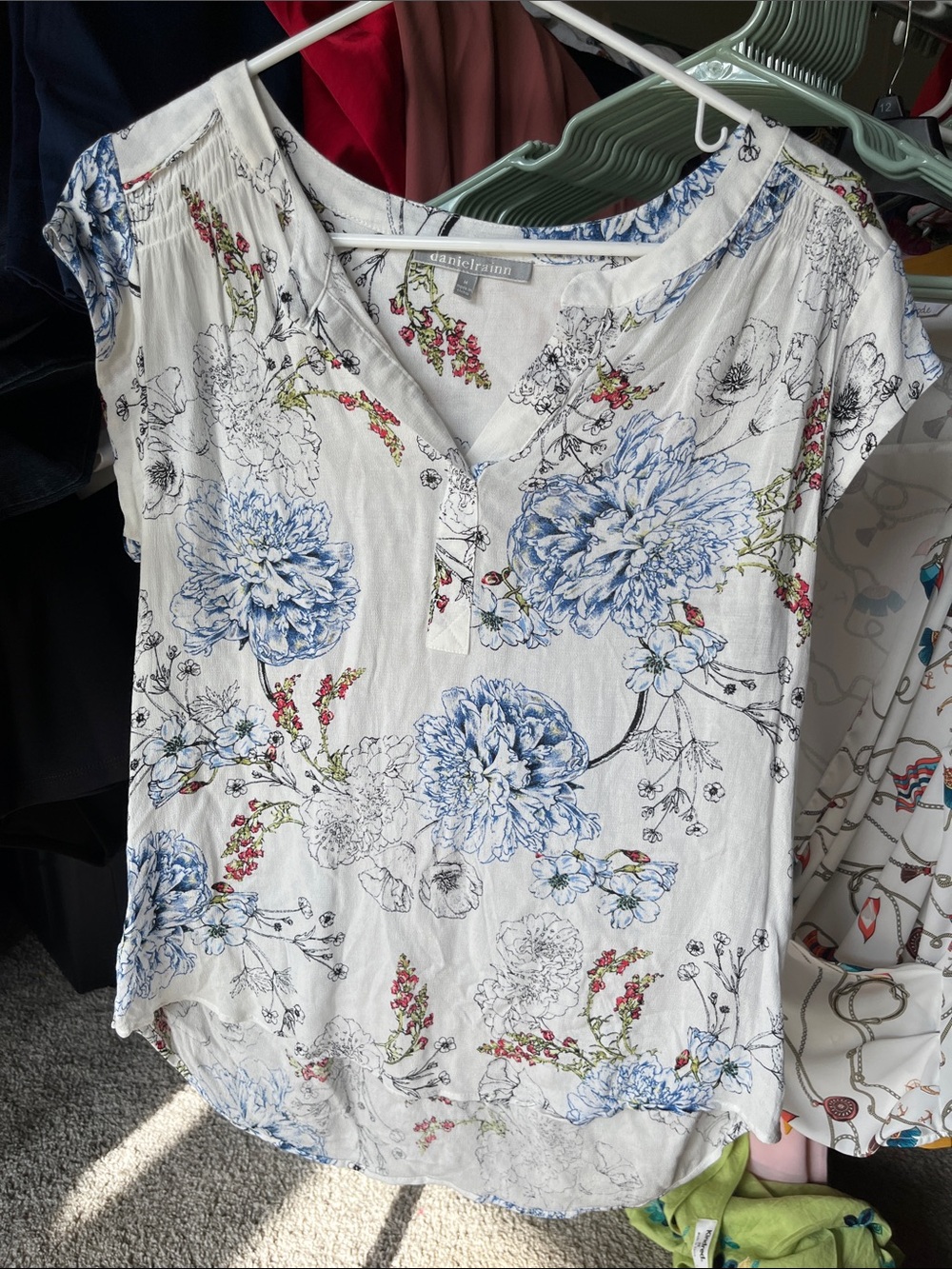 Daniel Rainn - White Floral Henley Top with Blue and Pink Accents.